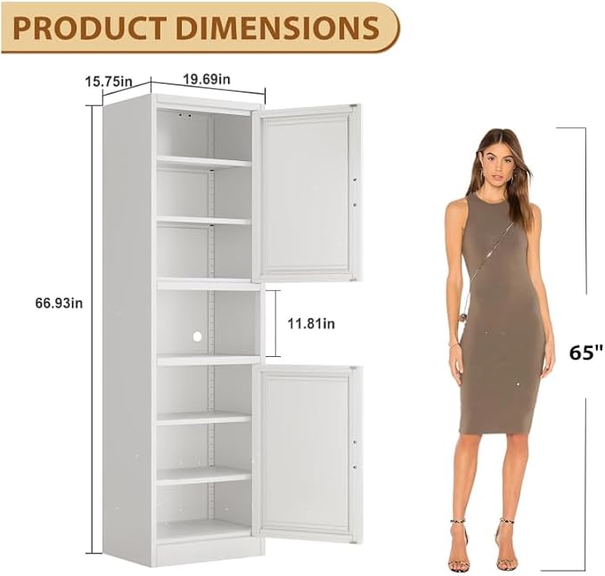 Tall Metal Narrow Bathroom Storage Cabinet 67" H, Tall White Pantry Cabinets with 4 Adjustable Shelves and 2 Doors for Kitchen, Home Office, Living Room, Dining Room(20 inches Wide)
