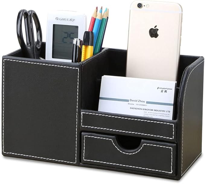 Desk Organizer Office Supplies Caddy Pu Leather Multi-function Storage Box Pen/Pencil,Cell phone, Business Name Cards Remote Control Holder with Small Drawer Black
