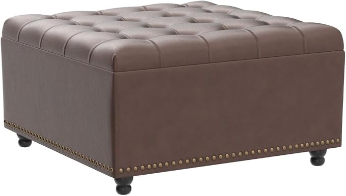 Tbfit Large Square Storage Ottoman Bench, Button Tufted Upholstered Coffee Table Ottoman with Wooden Legs, Oversized Storage Ottomans Toy Box Footrest for Living Room, Brown