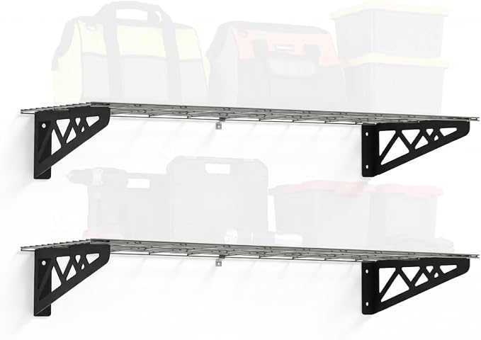 SafeRacks Steel Garage Wall Shelves 2-Pk w/Hooks, 300lb, Hammertone (12x36)