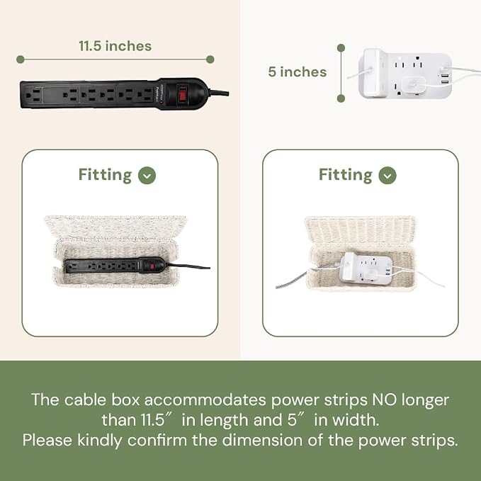 Cable Management Box, Handmade Rattan Cable Organizer with 2 Open Slots, Cord Hider for Power Strip, Router & USB Hub, Registered U.S. Design Patent (D1,112,102), 13" x 5.1" x 5.1", White