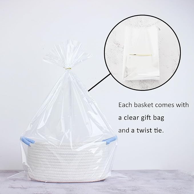 Yimi's Dream White and Blue Cotton Rope Gift Basket with Handle, 12 x 8 in | Small Cute Shelf Baskets for Baby Shower, Baby Boy Gifts, Easter, Birthdays, Wedding, Nursery, Shelves, and Home Decor
