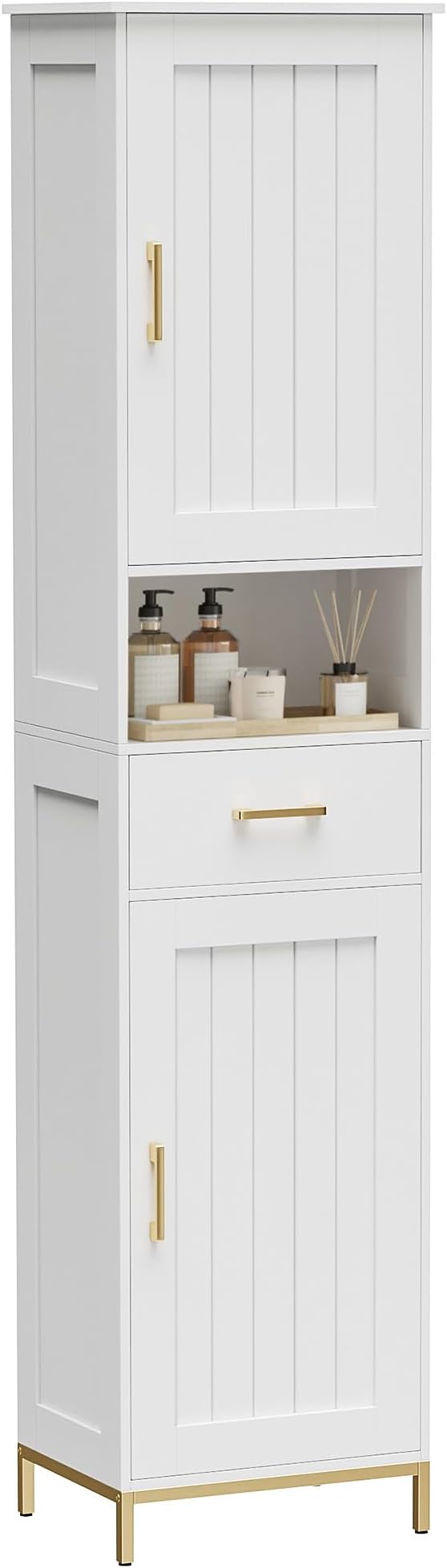Homhedy 67" H Bathroom Storage Cabinet, Tall Bathroom Cabinet, White | Narrow Cabinet with Doors and Drawer, Adjustable Shelves, Floor Cabinet for Bathroom, Living Room, Kitchen, Dining Room