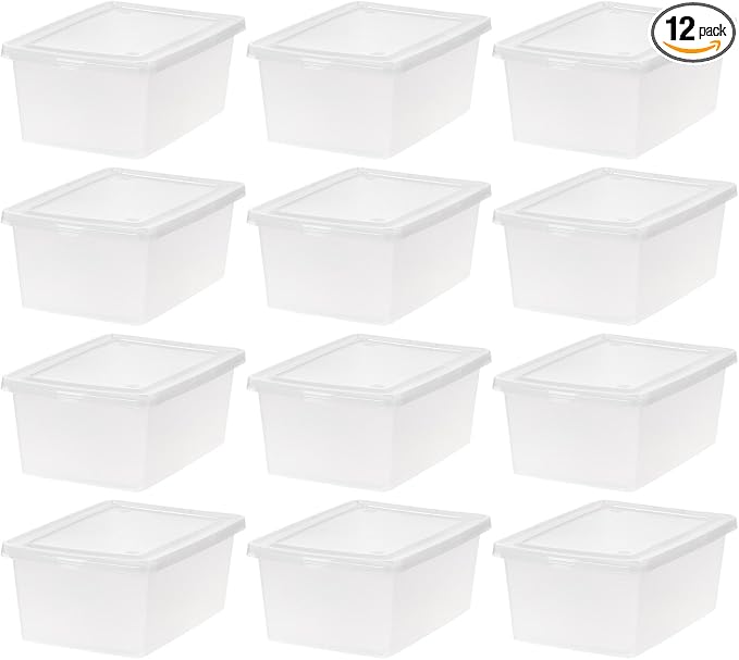 IRIS USA 12-Pack 15 Qt Storage Bins with Lids, Clear, Stackable | Ideal for shoes, crafts, office supplies and pantry items, nestable design, transparent design makes contents easy to find