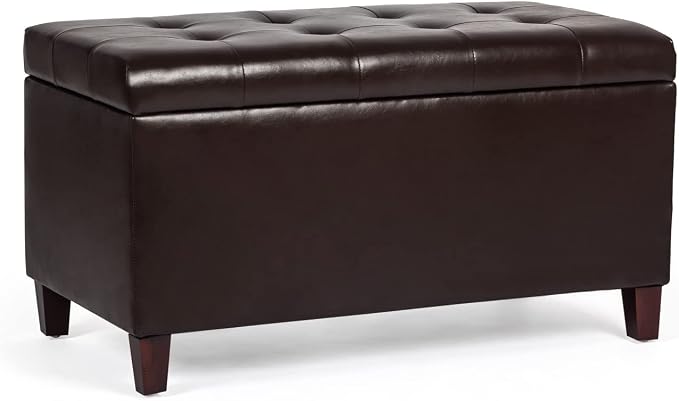 Storage Ottoman Bench, 33" Faux Leather Upholstered End of Bed Bench with Safety Hinge,Wooden Legs,for Entryway Bedroom Living Room,Chocolate Brown
