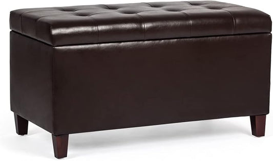 Storage Ottoman Bench, 33" Faux Leather Upholstered End of Bed Bench with Safety Hinge,Wooden Legs,for Entryway Bedroom Living Room,Chocolate Brown