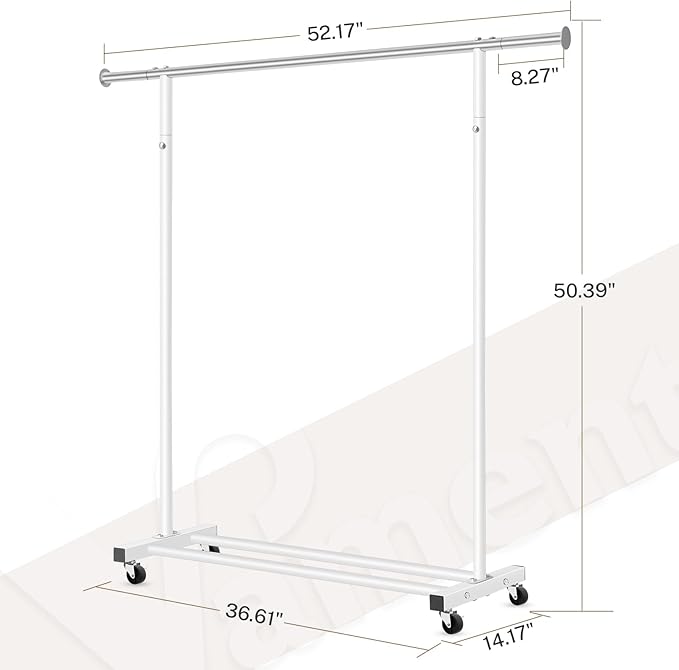 VICERII Clothes Rack, 130LB Capacity Heavy Duty Clothing Rack with Wheels and Bottom Shelf, 52.17 Inch Rolling Racks for Hanging Clothes, Coats, Shirts, Sweaters, Skirts, Dress, White