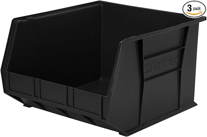 Akro-Mils 30270 AkroBins Plastic Storage Bins, 18"x16"x11", Black, 3-Pack | Space-Saving Stackable Bins for Garage, Pantry, Craft Organization