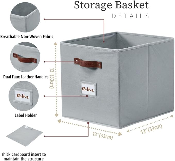 DECOMOMO Storage Bins, Cube Storage Bin with Labels | 13" x 13" x 13" Fabric Storage Cubes for Shelves (6pcs, Grey)