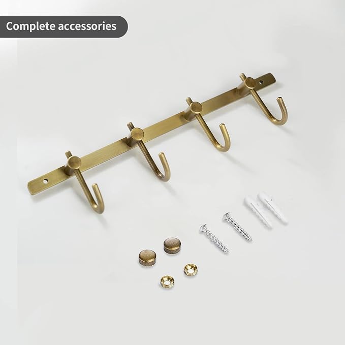 WINCASE Brass Towel Hook Rack, Brushed Brass Wall Hook Rack, Antique Brass Row Hooks with 4 Hooks Rustic Wall Mounted