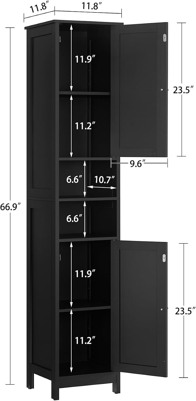 67" Tall Bathroom Cabinet with Adjustable Shelves and Doors | Narrow Bathroom Storage Cabinet for Small Space, Living Room, Entryway, Kitchen, Black