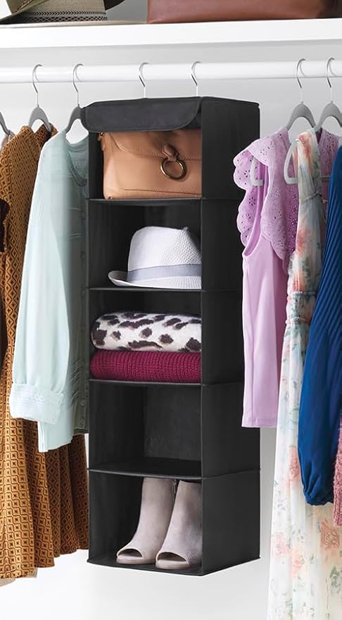 Whitmor 5 Tier Shelf Hanging Closet Organizer, Hanging Shelves with 2 Sturdy Metal Hooks,Foldable(Black)