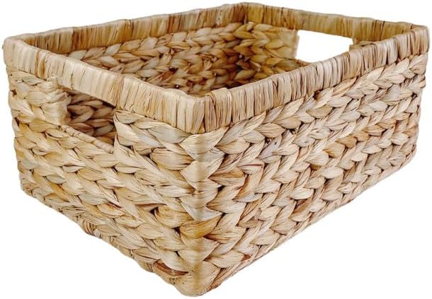 Large Handwoven Water Hyacinth Storage Wicker Basket with 2 Handles - Brown | Handcrafted Rectangular Organizer, Sturdy Iron Frame, Ideal for Towels, Blankets, Shelves & Décor - 15"x 11"x6.75"