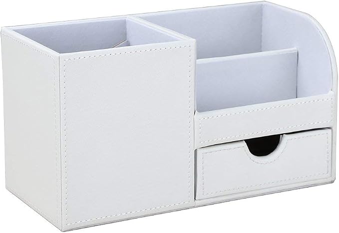 Desk Organizer Office Supplies Caddy Pu Leather Multi-function Storage Box Pen/Pencil,Cell phone, Business Name Cards Remote Control Holder with Small Drawer White