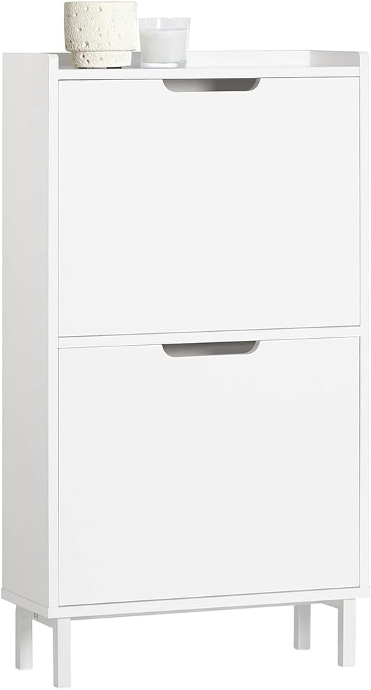 Haotian Slim Shoe Cabinet Entryway | Hidden Shoe Storage with Two Flip Drawers to Save Space, Freestanding Shoe Rack for Front Door, Entryway, Hallway (White)