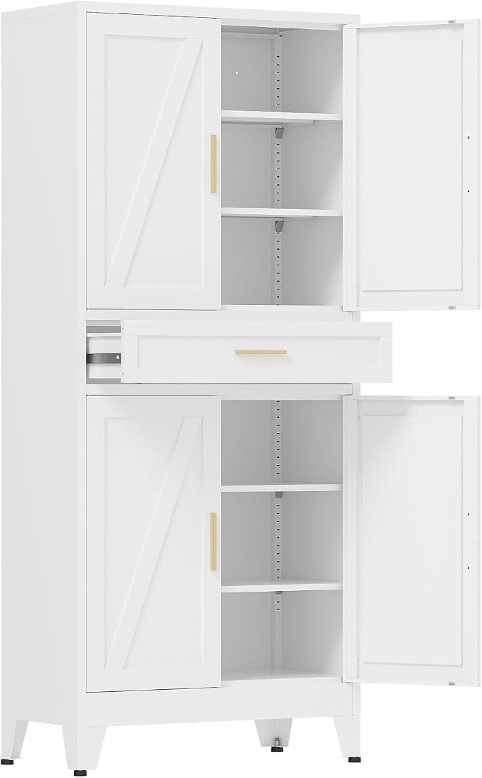 COFaR 71'' Tall Metal Pantry Cabinet with Drawer, Kitchen Storage Cabinet with 4 Doors and Shelves, Freestanding Farmhouse Food Cupboard for Kitchen Dinning Room Garage, White 6-Tier