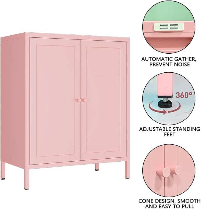 Metal Accent Storage Cabinet for Home,LivingRoom, Office,Kitchen- Metal Locker Cabinet with 1 Adjustable Shelves-Bathroom Floor Storage Cabinet Freestanding Organizer(Square Door, Pink)