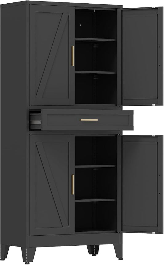 COFaR 71 in Tall Kitchen Pantry Cabinet with Drawer, Metal Pantry Storage Cabinet with 4 Adjustable Shelves and 4 Barn Doors, Freestanding Farmhouse Food Cupboard for Dining Room Garage, Black 6-Tier