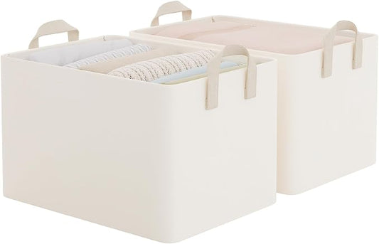 StorageWorks Fabric Storage Bins, Large Storage Baskets for Shelves, Closet Organizers and Storage Bins with Metal Frame, Handles, Beige, Cool Silky Fabric, 2-Pack