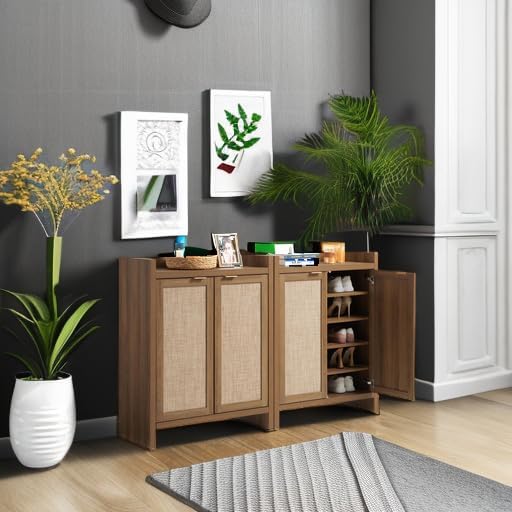 SICOTAS Shoe Cabinet Set of 2 Large Capacity Shoe Storage Organizer Cabinet | Tall Rattan Shoe Cabinet with Doors and Shelves, 6-Tier Farmhouse Boho Wooden Storage Cabinet for Entryway Hallway