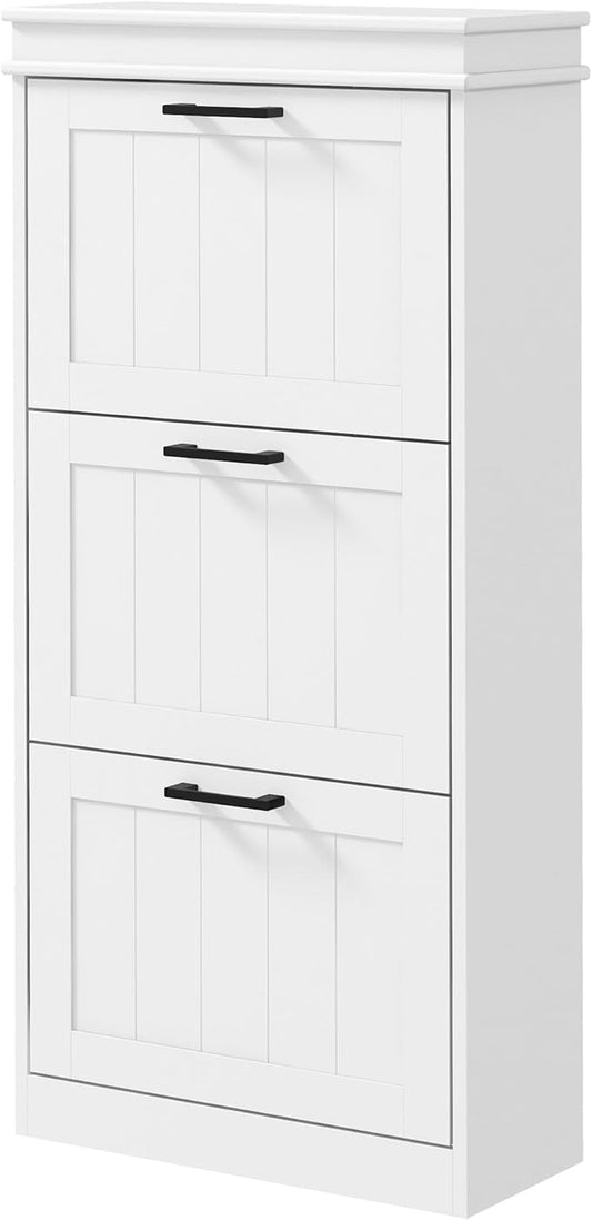 HOMCOM Shoe Storage Cabinet with 3 Flip Drawers, Narrow Shoe Cabinet, White | Freestanding, Adjustable Shelves, Slim Hidden Rack Organizer, Entryway, Hallway