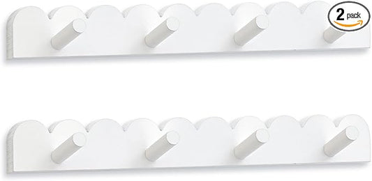 Leinuosen 2 Pack Scalloped Coat Rack Wall Mount Cute Nursery Wall Hook 16 Inch 8 Hooks Wood Backpack Hanger for Toddler Kids Clothes Hat Towel Keys Bathroom Classroom Playroom Nursery Decor