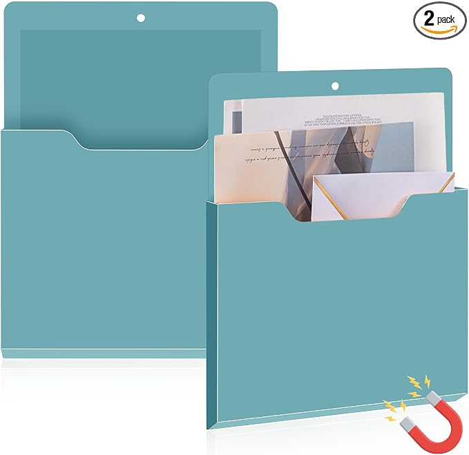 Feifeiya 2 Pcs Magnetic File Folder Wall Hanging Holder Large Pocket Paper Magazine Mail Organizer for Refrigerator Classroom Locker Whiteboard(Vertical,Haze Blue,12.2 x 9.4 Inches)