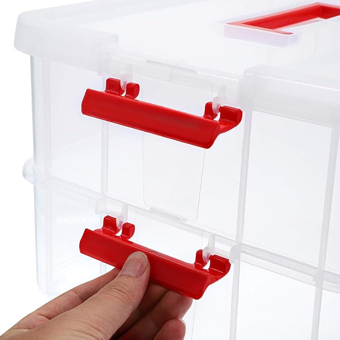JUXYES 2-Tiers Plastic Stack Carry Storage Containers Box wih Handle Lids | Clear Stackable Latching Craft Storage Bin for School Office, Organizing Stationery, Sewing, Art Craft, DIY Supplies, Red