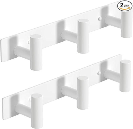 PMMASTO Stainless Steel Coat Rack Wall Mounted, Heavy Duty Metal Hook Rail for Hanging Coats Hats Towels Robes Bags, Modern Wall Hooks Organizer (White, 3 "T Hooks, 2 Pack)