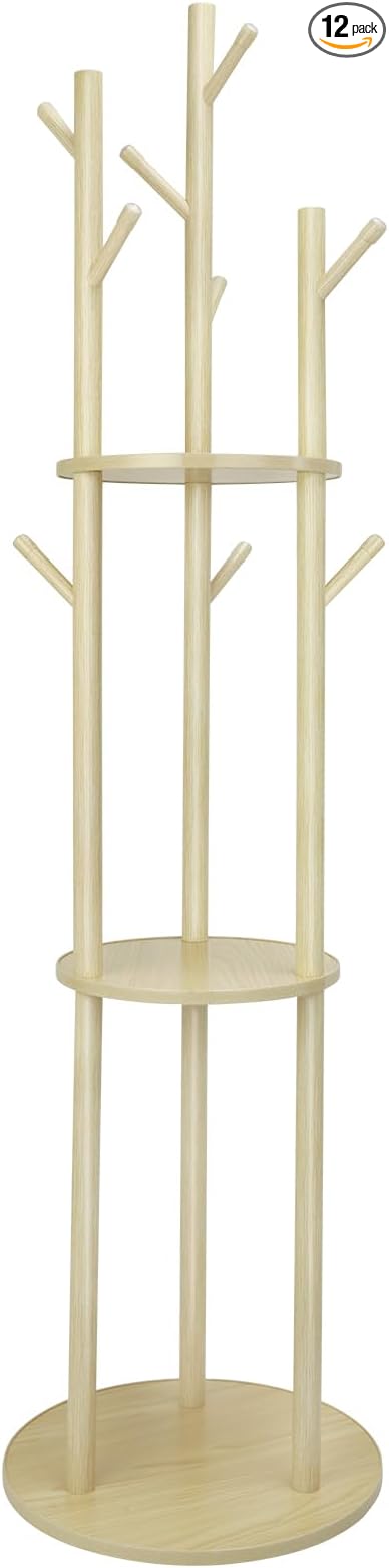 YYW Multifunctional Wood Coat Rack Stand With 9 Hooks And 3 Shelves | Free Standing Organizer For Jackets, Hats, Shoes, Perfect For Bedroom, Hallway, Small Space