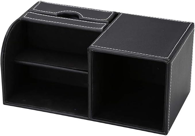 Desk Organizer Office Supplies Caddy Pu Leather Multi-function Storage Box Pen/Pencil,Cell phone, Business Name Cards Remote Control Holder with Small Drawer Black