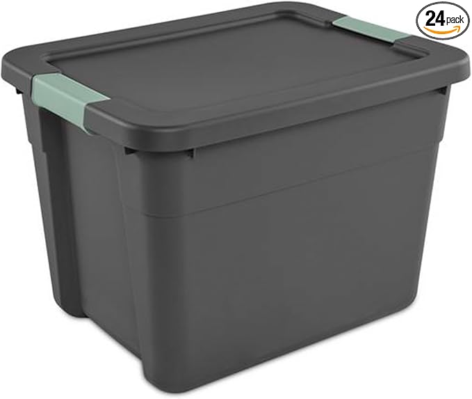 Sterilite 24 Pack Latch Tote, Stackable Plastic Storage Container, 12 Gallon, Gray/Green