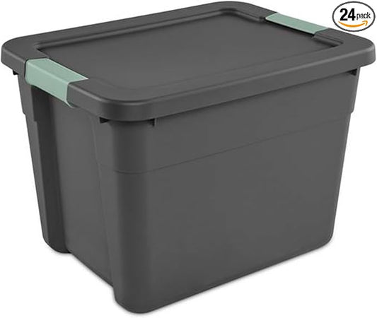 Sterilite 24 Pack Latch Tote, Stackable Plastic Storage Container, 12 Gallon, Gray/Green