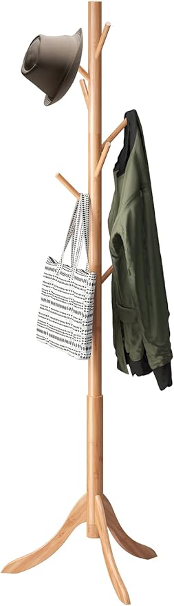 kiplant Coat Rack Freestanding, Bamboo Wood Coat Stand with 8 Hooks,3 Adjustable Size,Easy Assembly NO Tools Required, Coat Tree Hanger Stand for CoatsScarves in Hallway