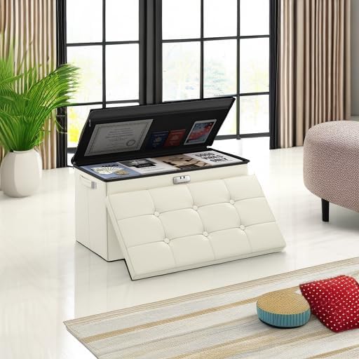 DocSafe Storage Ottoman Bench with Lock,Fireproof 30 Inches Folding Bench Foot Rest Stool Storage Chest Safe for Living Room,Bedroom,Home Office,Waterproof Leather Ottoman with Handles,Beige