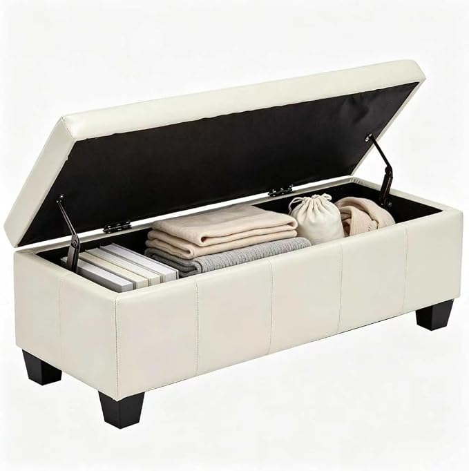41.5 Inch Cream White Faux Leather Storage Ottoman Bench for Bedroom | 2.8 cu ft hidden storage,660 lbs weight capacity,soft padded seat,solid wood legs for indoor home use