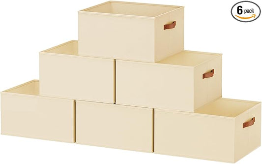 6 Pack Large Closet Storage Baskets Bins for Shelves, Collapsible Fabric Closet Organizers and Storage with Polyester Handles, Decorative Baskets for Organizing Clothes, Towels, Linen Closet 16x12x10"