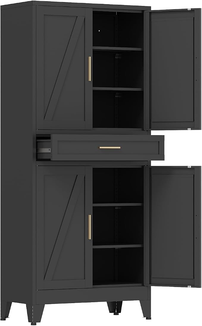 COFaR 71'' Tall Metal Pantry Cabinet with Drawer, Kitchen Storage Cabinet with 4 Doors and Shelves, Freestanding Farmhouse Food Cupboard for Kitchen Dinning Room Garage, Black 6-Tier