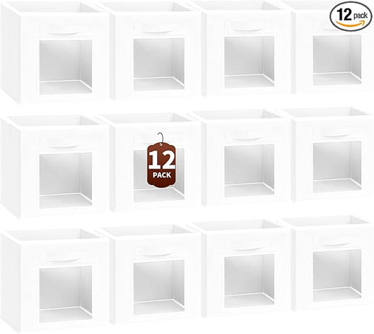 Storage Cube 11 Inch - Cube Storage Bins with Window, Closet Storage Baskets with Handle, Fabric Bins for Closet, Shelves, Toys, Clothes, Set of 12, White