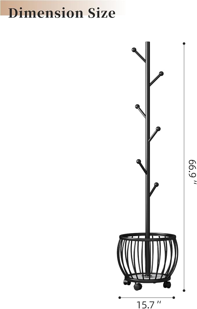 Coat Rack Freestanding Coat Stand with Basket 6 Hooks Wheels,Black | Metal Coat Rack Stand Coat Tree for Home Entryway Bedroom Living Room Office Corner Modern Organizer for Scarf Jacket Hat Bag