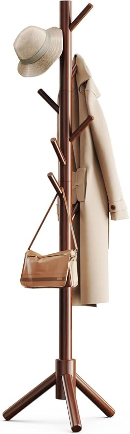 Pipishell Solid Wooden Coat Rack Freestanding, Hall Tree with 8 Hooks, 3 Height Options for Coats, Hats, Handbags, and Scarves, Tool-Free Assembly, Space Saving Design for Entryway, Office, Bedroom