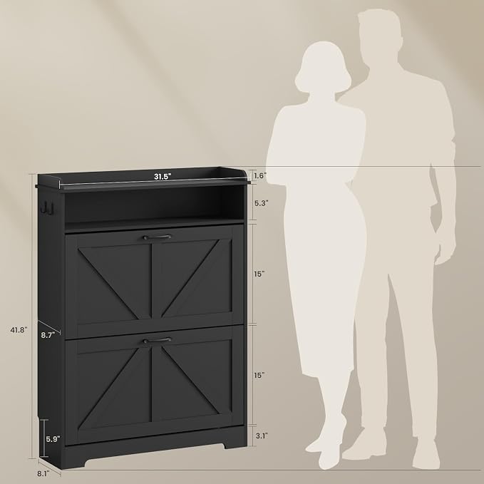 Farmhouse Shoe Cabinet Organizer with 2 Flip Drawers, 31.5" W Black | Freestanding shoe cabinet with flip drawers ,space-saving storage for foyer hallway,Adjustable Shelves & 2 Hooks
