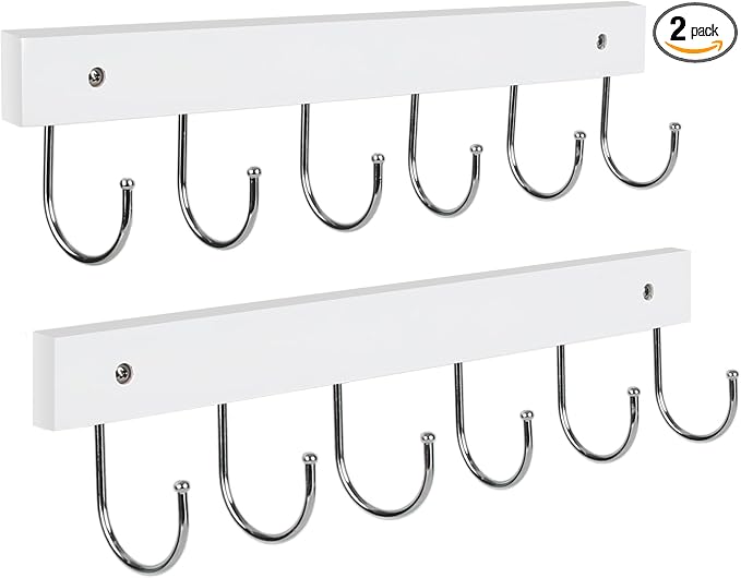 2-Pack Coat Rack Wall Mount, 14.6" Wooden Wall Hanger, 12 Rotating Hooks | Wooden coat rack, for coats, purses, hats, jackets, towels, space-saving entryway, hall, apartment organizer, white