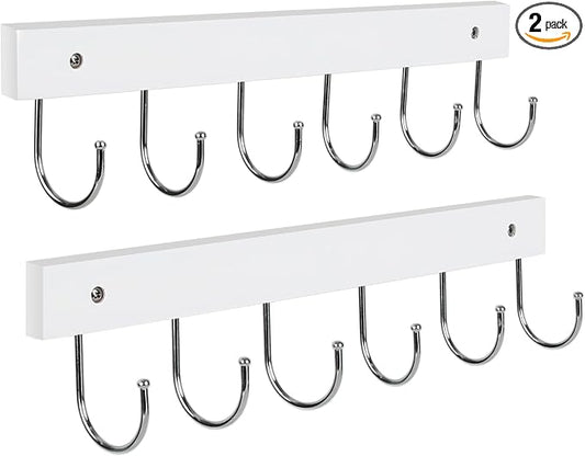 2-Pack Coat Rack Wall Mount, 14.6" Wooden Wall Hanger, 12 Rotating Hooks | Wooden coat rack, for coats, purses, hats, jackets, towels, space-saving entryway, hall, apartment organizer, white