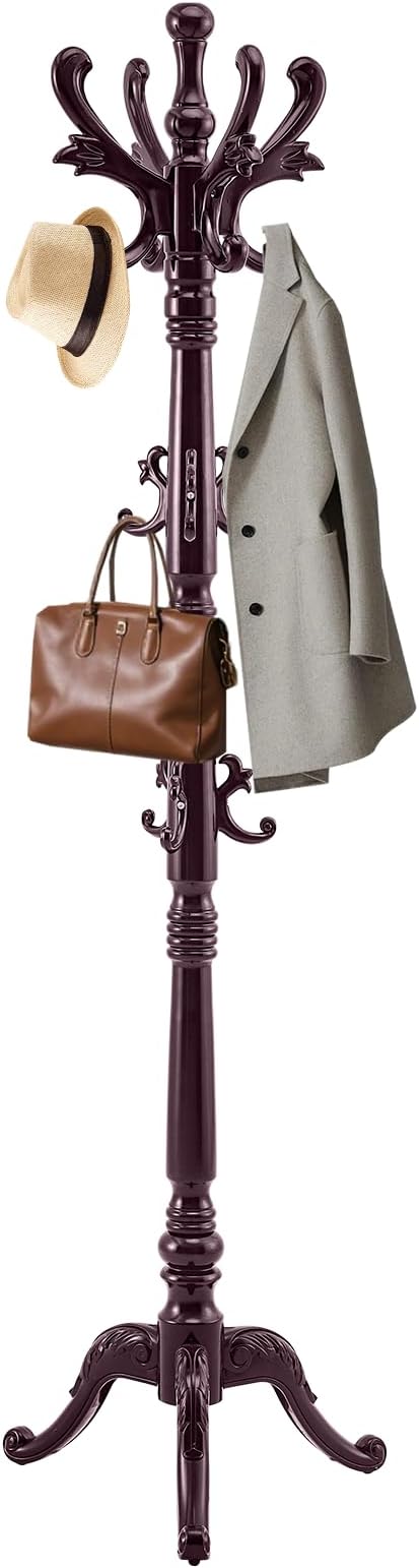 Wooden Coat Rack Stand, Solid Wood Freestanding Coat Rack, Vintage Coat Racks with 14 Hooks & Triangle Base, Heavy Duty Standing Coat Hanger Jacket Tree Stand for Office, Entryway, Hallway