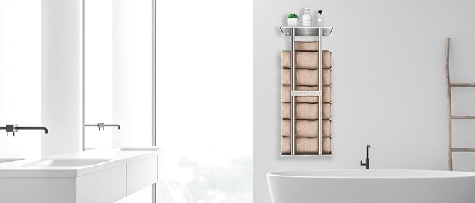 STWWO Bathroom Towel Storage for Bathroom, Wall Towel Rack for Rolled Towels, 30 inch Towel Holder Wall Mounted with Metal Shelf Can Holds 6 Large Towels, Brushed Nickel