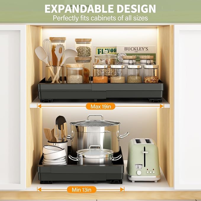 DOMNIU Pull Out Cabinet Organizers Expandable,Black,20.8" Depth,2 Pack | Plastic Slide Out Drawers for Kitchen, Bathroom, Pantry, Under Sink Storage, Fixed with Adhesive Nano Film (13''-19'')