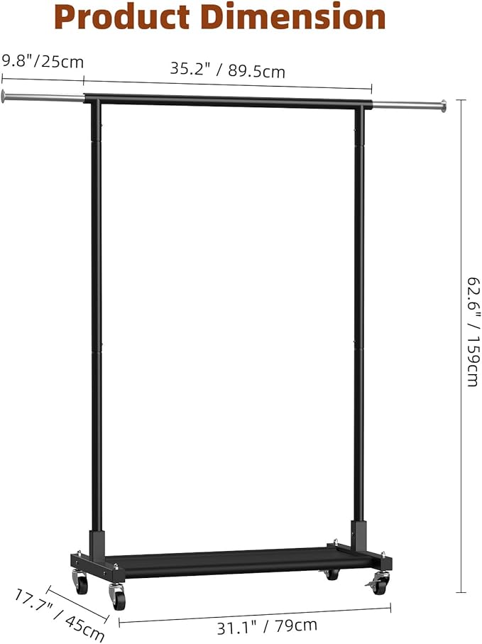 Luxspire 350LBS Heavy Duty Clothes Rack Black Rolling Garment Rack, Black | Rustproof iron frame, extendable hanging rod, oxford bottom storage, lockable casters for bedroom laundry balcony