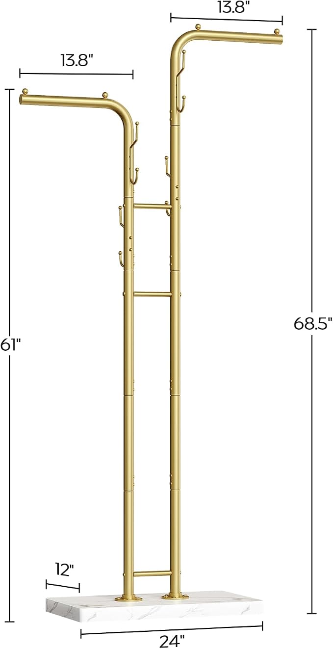 Gold Coat Hanger Stand, Floor Standing Coat Rack, Entryway Coat Tree with 8 Hooks and Marble-Look Base, Modern Double-Pole Metal Clothes Rack for Entrance, Living Room, Bedroom, YM02DWY1
