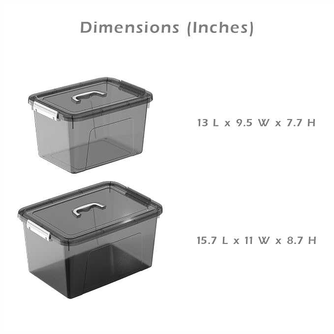 Plastic Storage Bins with Lids, 2 Pack Mixed Sizes (7 Qt, 16 Qt) Clear Black with Lid Stackable Organizer Boxes with Latches for Closet, Pantry, Bathroom, Office
